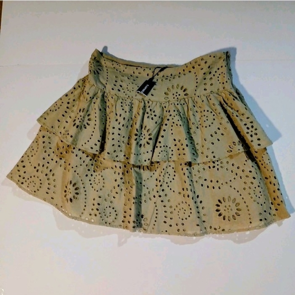 Olive Green Eyelet Layered Skirt